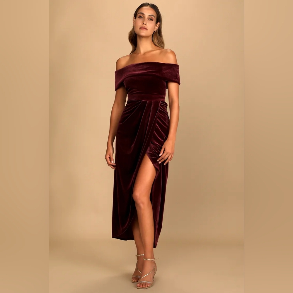 Lulus I'm Enchanted Burgundy Velvet Off-the-Shoulder Maxi Dress XL